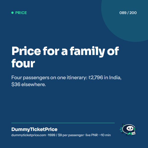 Price for a family of four. Four passengers on one itinerary: ₹2,796 in India, $36 elsewhere.