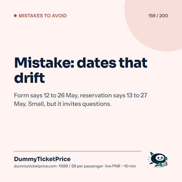 Mistake: dates that drift. Form says 12 to 26 May, reservation says 13 to 27 May. Small, but it invites questions.