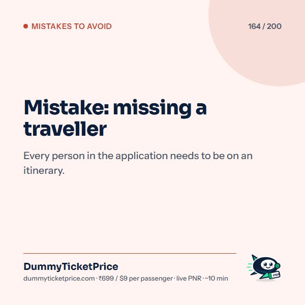 Mistake: missing a traveller. Every person in the application needs to be on an itinerary.