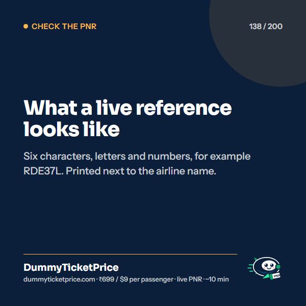 What a live reference looks like. Six characters, letters and numbers, for example RDE37L. Printed next to the airline name.