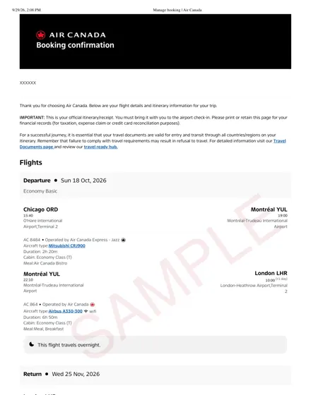 Air Canada dummy ticket sample – booking confirmation, Chicago – Montréal – London, return via Zurich, two passengers