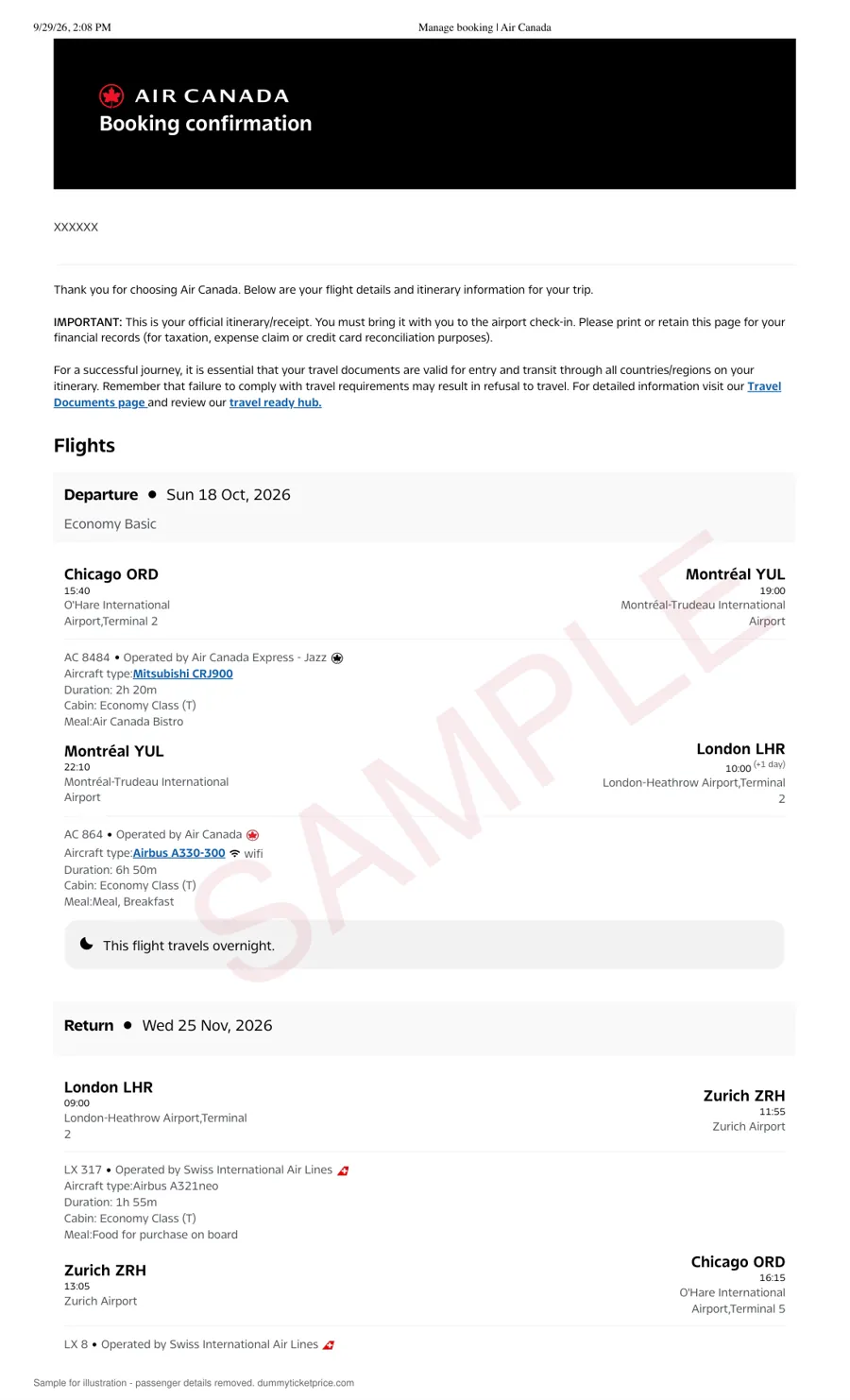Sample Air Canada booking confirmation for 18 October 2026, Chicago O'Hare to London Heathrow via Montréal, with a return on 25 November 2026
