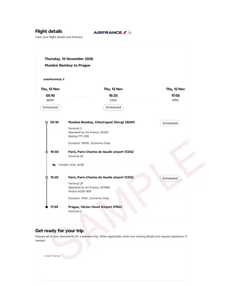 Air France dummy ticket sample – flight details page, Mumbai – Paris – Prague, one way