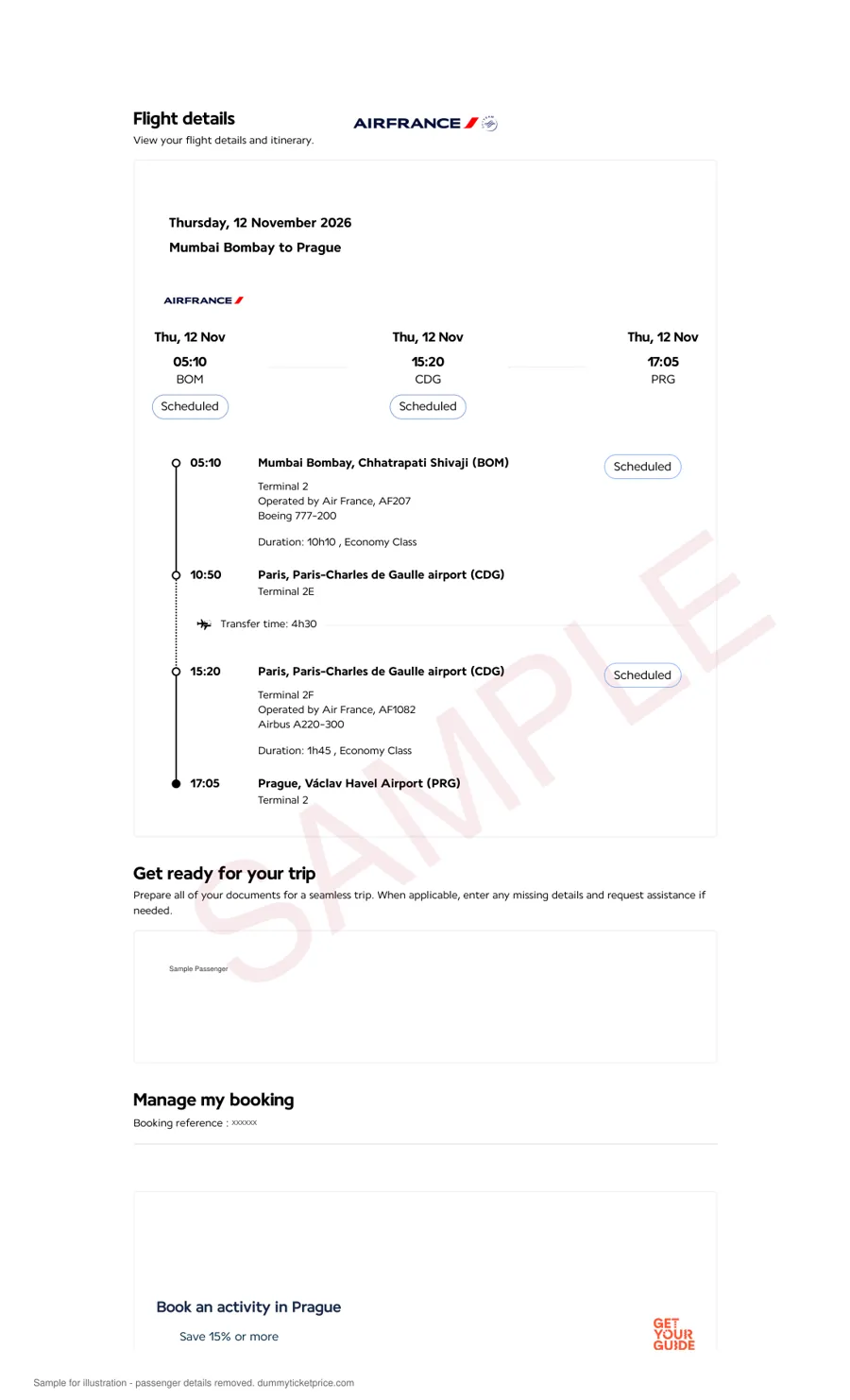 Sample Air France flight details page for a Mumbai to Prague journey on 12 November, departing Mumbai at 05:10 and connecting at Paris Charles de Gaulle, watermarked as a sample