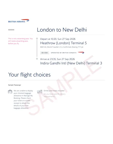 British Airways dummy ticket sample – manage-booking page, London – New Delhi, one way