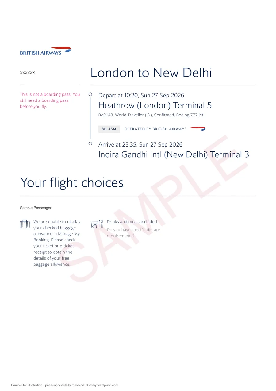 Sample British Airways itinerary for London Heathrow Terminal 5 to Delhi Terminal 3 showing flight BA0143, World Traveller cabin with booking class S, status Confirmed, departure 10:20 and arrival 23:35