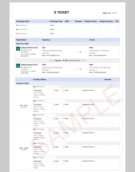Cathay Pacific dummy ticket sample – booking itinerary, Seoul – Hong Kong – Ho Chi Minh City, three passengers