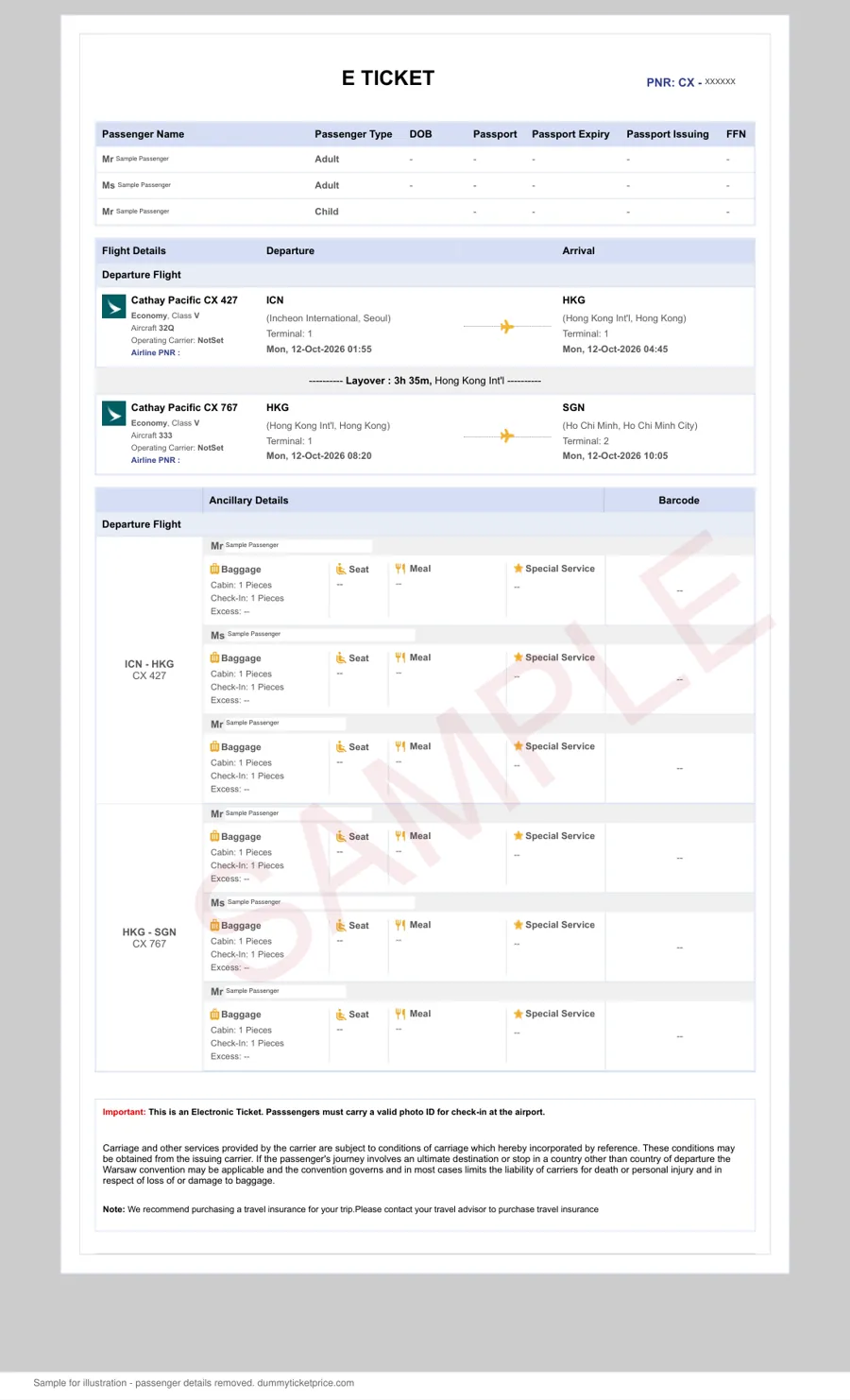 Sample Cathay Pacific flight reservation with PNR, passenger name and flight dates, as used for a China tourist visa file