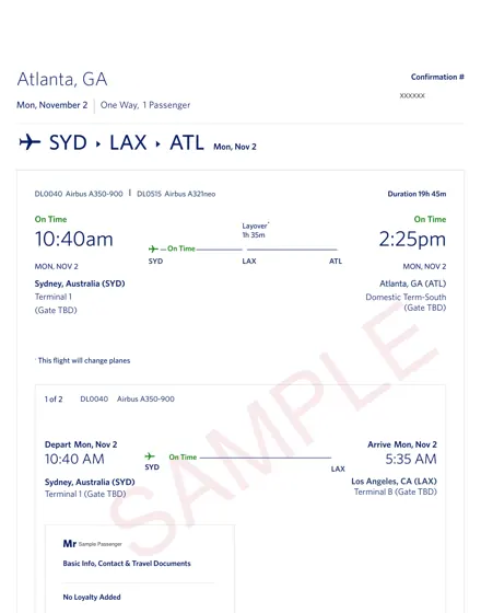 Delta Air Lines dummy ticket sample – trip details page, Sydney – Los Angeles – Atlanta, one way