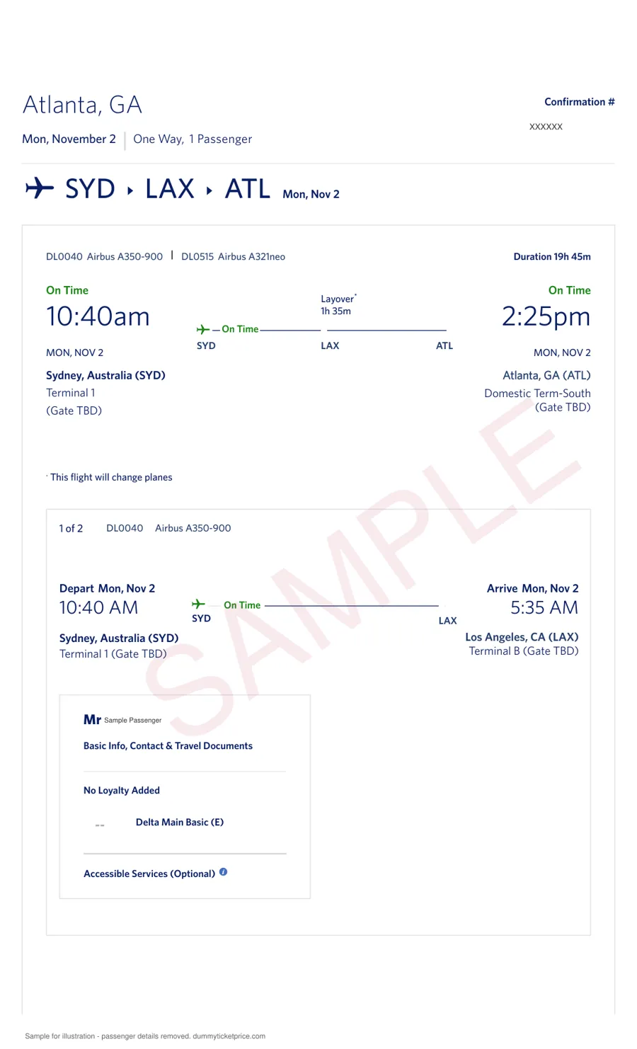 Sample Delta Air Lines one-way reservation for 2 November 2026, Sydney to Atlanta via Los Angeles, as shown on Delta's trip page