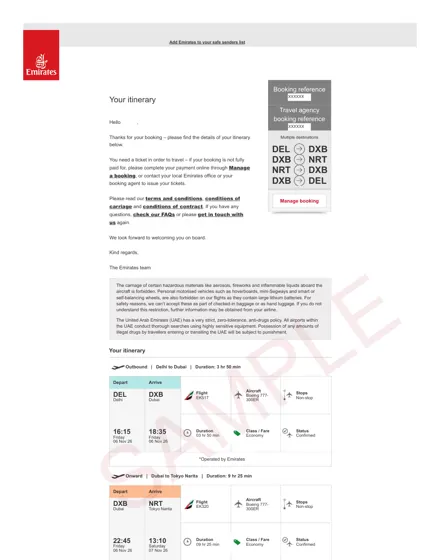 Emirates dummy ticket sample – airline itinerary email, Delhi – Dubai – Tokyo – Dubai – Delhi, multi-city