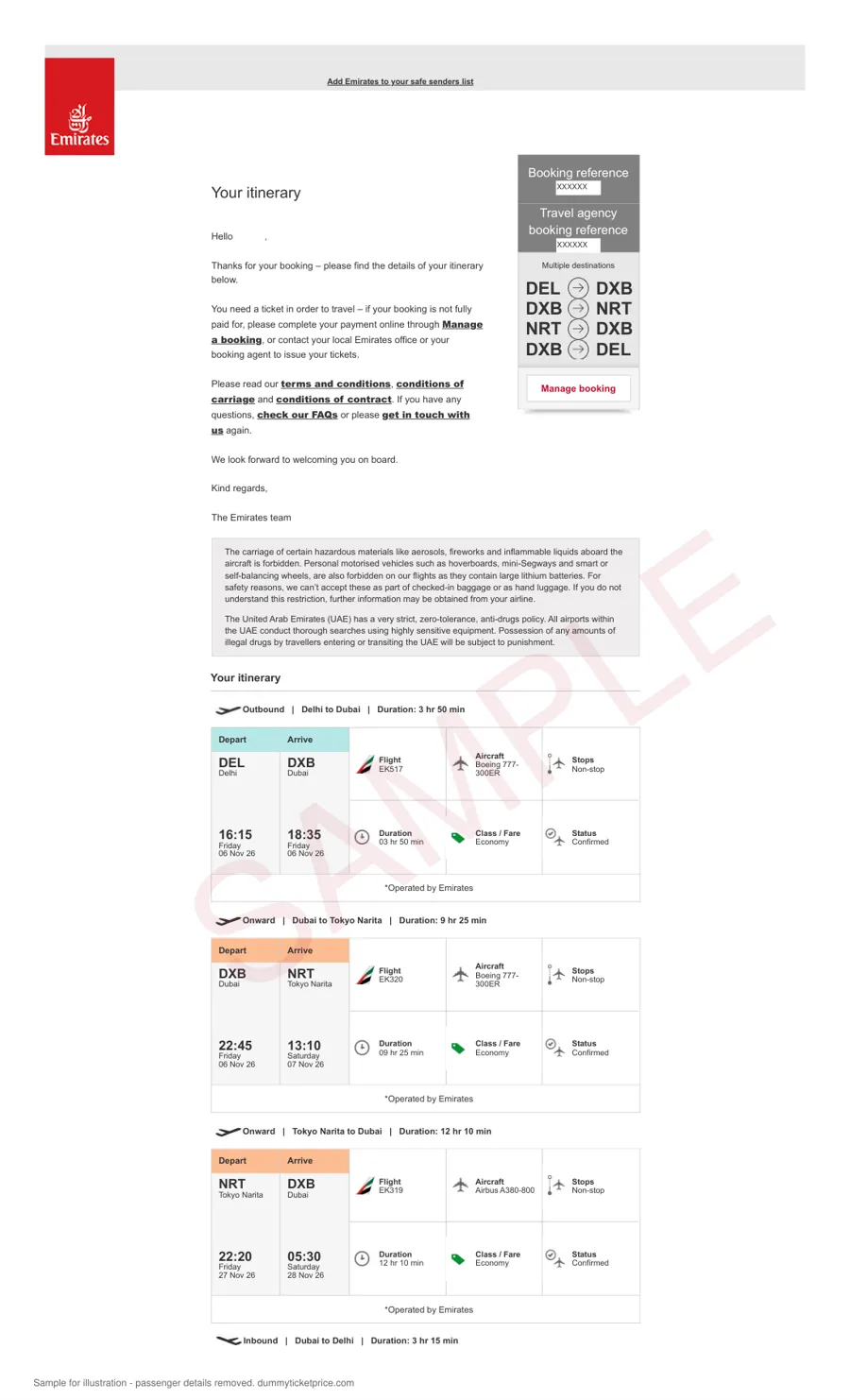 Sample Emirates itinerary email for a held reservation, Delhi to Dubai to Tokyo Narita and back, showing the booking reference box, Manage booking button and flight segments, with passenger details removed