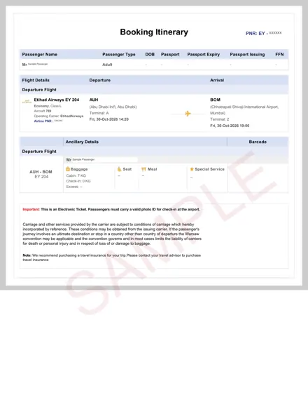 Etihad Airways dummy ticket sample – booking itinerary, Abu Dhabi – Mumbai, one way