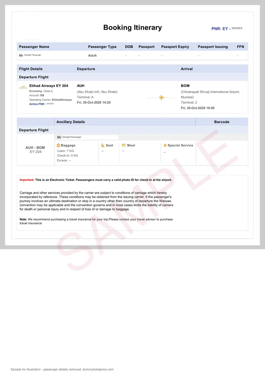 Sample return flight reservation in an Etihad style layout listing traveller name, Gulf routing, travel dates and PNR