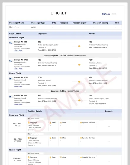 Finnair dummy ticket sample – booking itinerary, Delhi – Helsinki – Rome, round trip