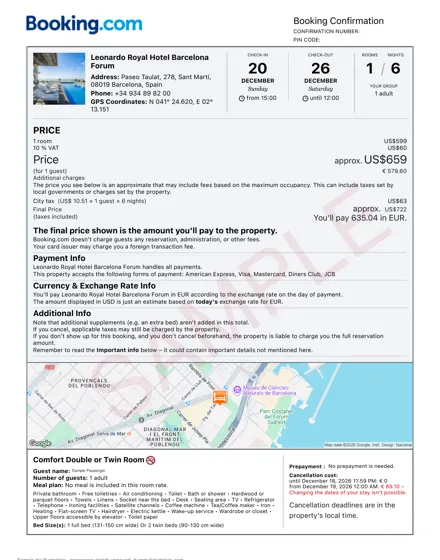 Hotel booking dummy ticket sample – hotel booking confirmation, Barcelona, six nights, one guest