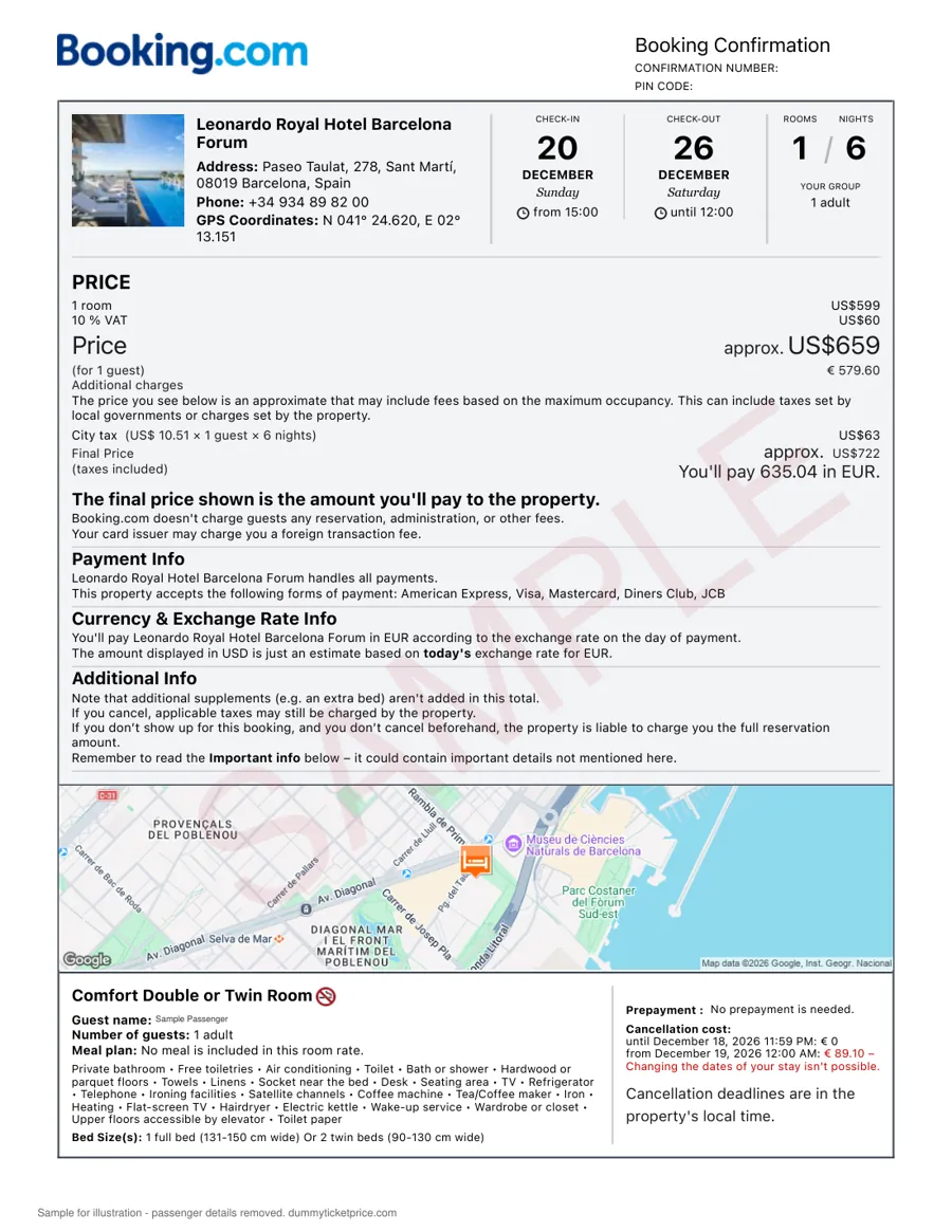 Sample hotel reservation for a visa application showing guest name, hotel address, check-in and check-out dates and a booking reference