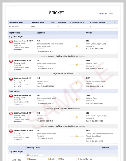 Japan Airlines dummy ticket sample – booking itinerary, Ahmedabad – Delhi – Tokyo – Seoul, round trip