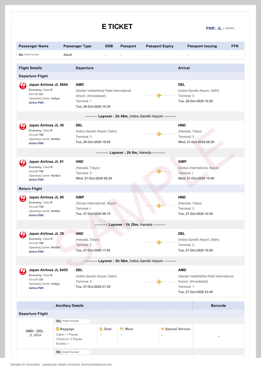Sample Japan Airlines round-trip reservation from Ahmedabad to Seoul Gimpo via Delhi and Tokyo Haneda, with IndiGo-operated domestic legs and passenger details removed