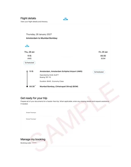 Sample KLM flight details page for a held Amsterdam to Mumbai reservation on 28 January 2027, showing departure and arrival times and the booking code field under Manage my booking