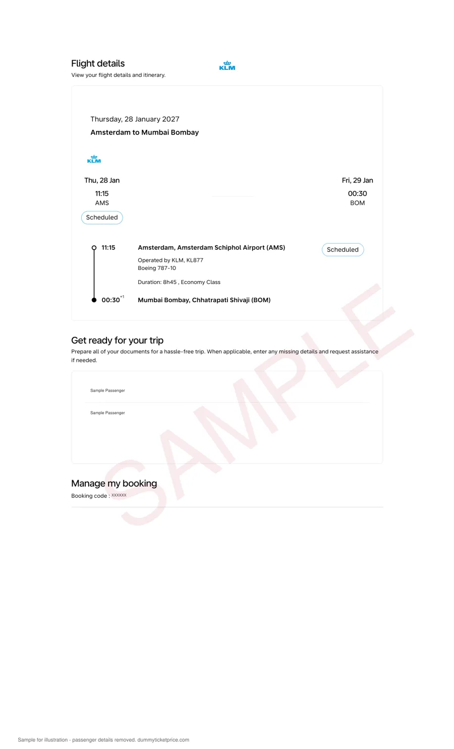Sample KLM flight reservation for two passengers, Amsterdam to Mumbai, as shown on the flight details page