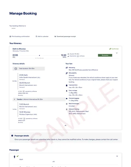 Lufthansa dummy ticket sample – manage-booking page, Delhi – Munich – Wroclaw, one way