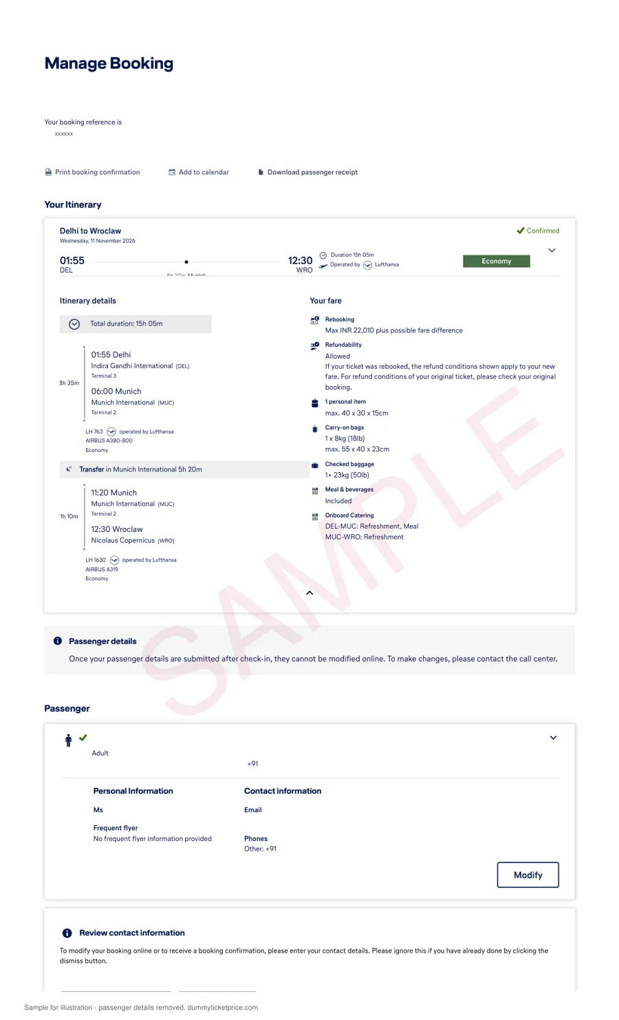 Sample Lufthansa manage booking page for Delhi to Wroclaw via Munich showing flights LH763 and LH1630, terminals, a 5 hour 20 minute transfer in Munich, Economy cabin and status Confirmed