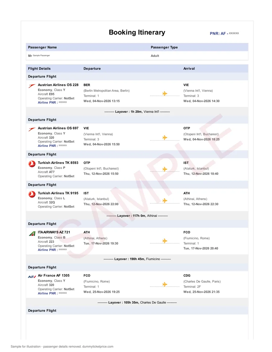 Sample multi-city booking itinerary across Europe, Berlin to Vienna to Bucharest to Istanbul to Athens to Rome to Paris, showing airlines, flight numbers, dates and layovers, watermarked as a sample