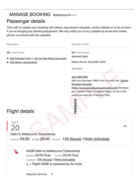 Qantas dummy ticket sample – manage-booking page, Delhi – Melbourne – Sydney – Delhi, round trip