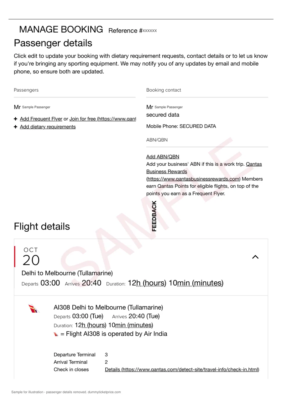 Sample Qantas flight reservation with passenger name, booking reference and Auckland flight dates