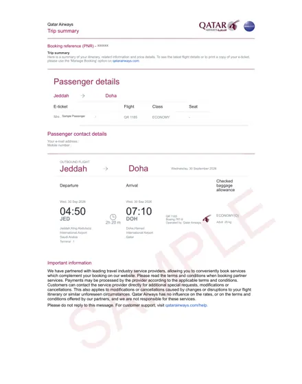 Qatar Airways dummy ticket sample – airline trip summary, Jeddah – Doha, one way