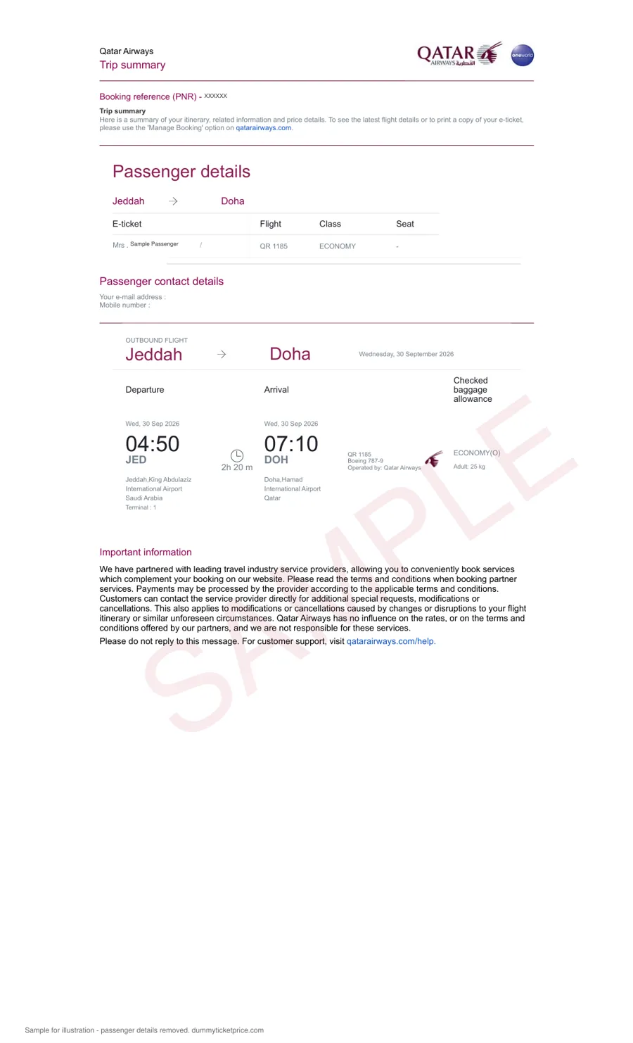 Sample Qatar Airways flight reservation with passenger name, Doha connection, flight times and booking reference