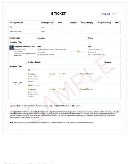 Singapore Airlines dummy ticket sample – booking itinerary, Chennai – Singapore, two passengers