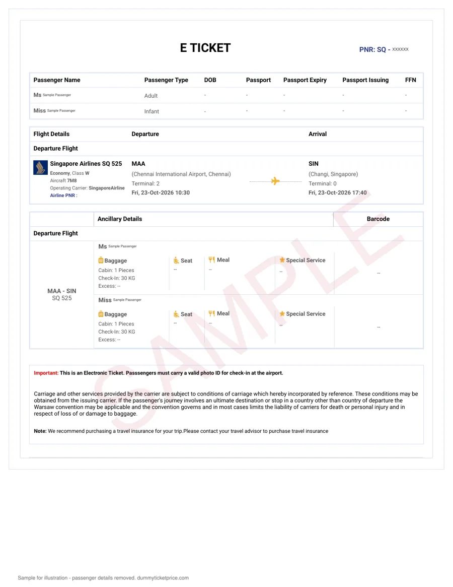 Sample Singapore Airlines flight reservation showing passenger name, PNR and itinerary for a Southeast Asia trip