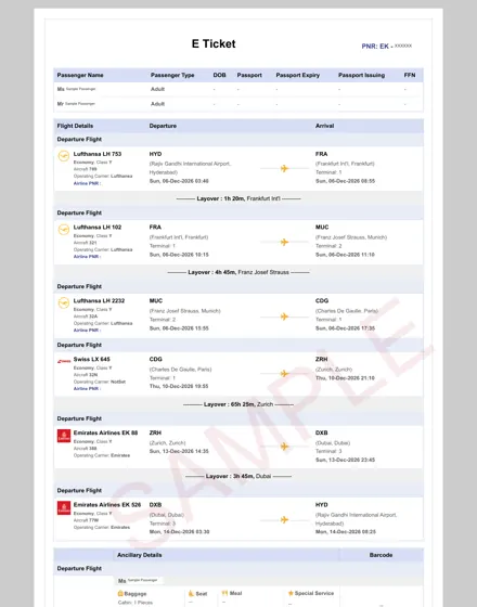 Swiss and Lufthansa dummy ticket sample – booking itinerary, Hyderabad – Frankfurt – Munich – Paris – Zurich – Dubai – Hyderabad, two passengers