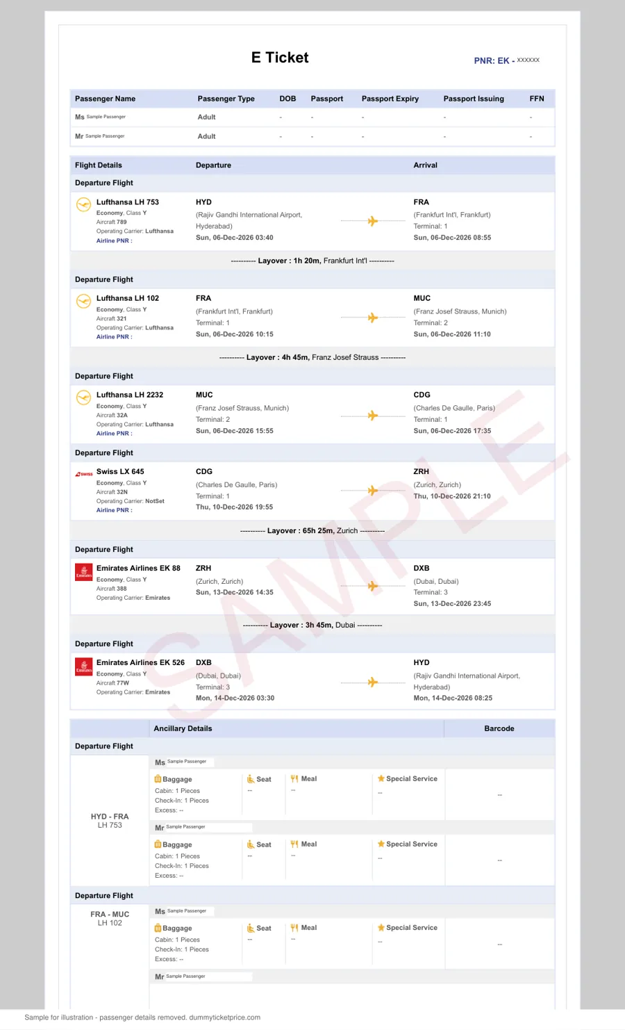 Sample round-trip flight reservation on a SWISS layout with passenger names, booking reference and flights into and out of Zurich