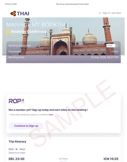 Thai Airways dummy ticket sample – manage-booking page, Delhi – Seoul, round trip