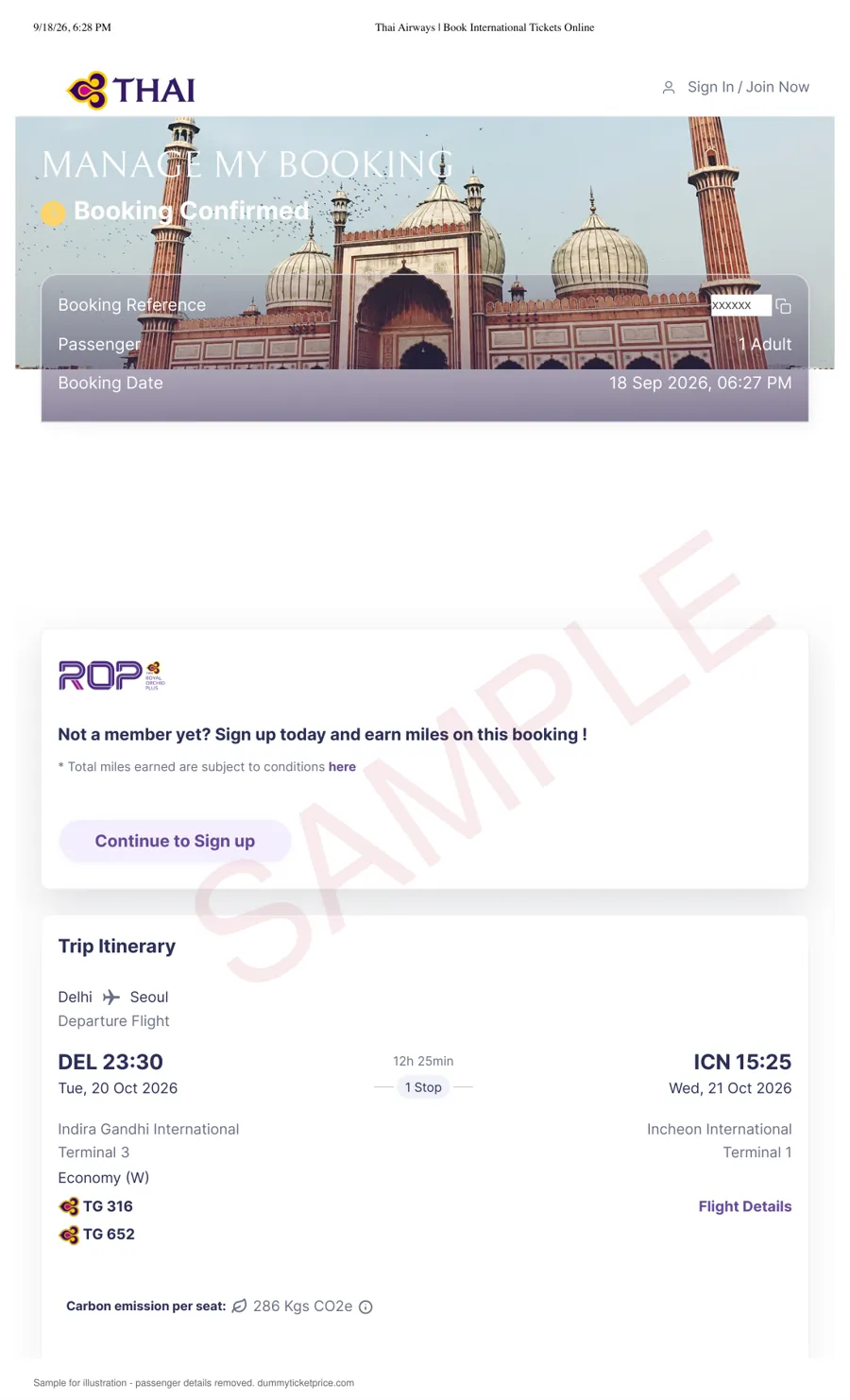 Sample return flight reservation in Thai Airways layout showing passenger name, outbound and return flights and booking reference