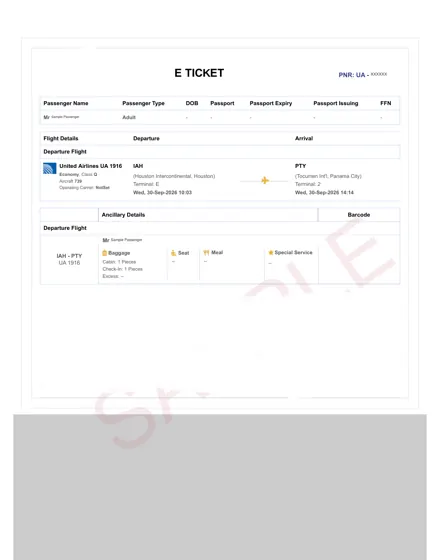 United Airlines dummy ticket sample – booking itinerary, Houston – Panama City, one way
