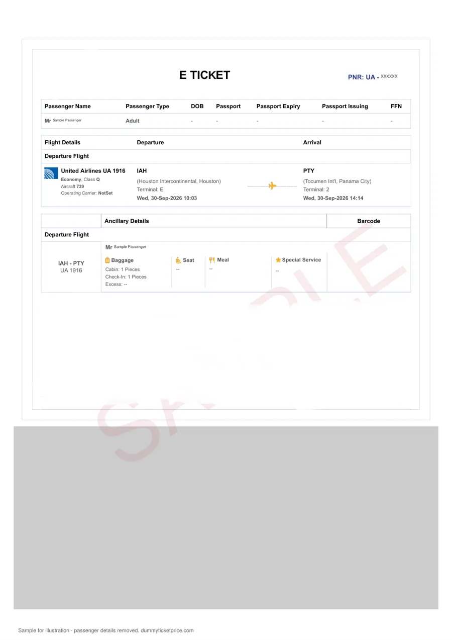 Sample United Airlines flight reservation PDF showing passenger name, booking reference and planned flight dates